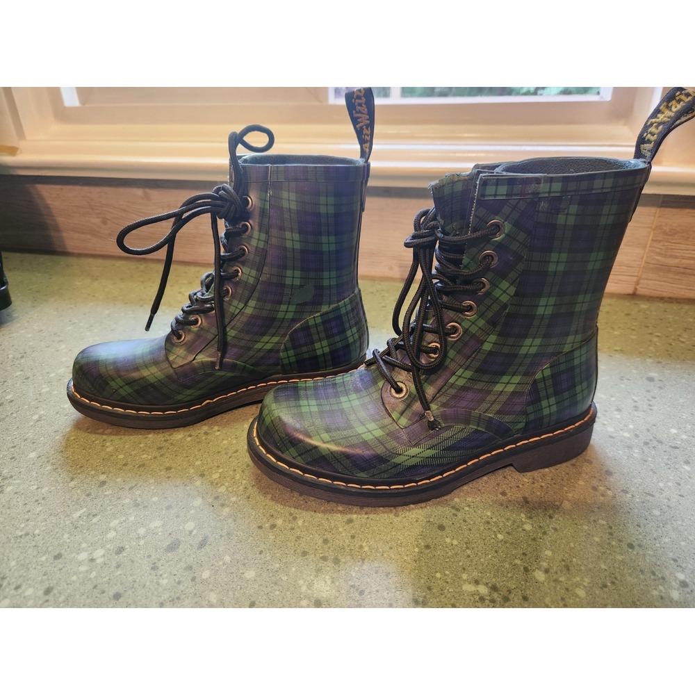 Doc Martens Drench Rubber Combat Rain Boots Blackwatch Green Plaid Women's Sz 8